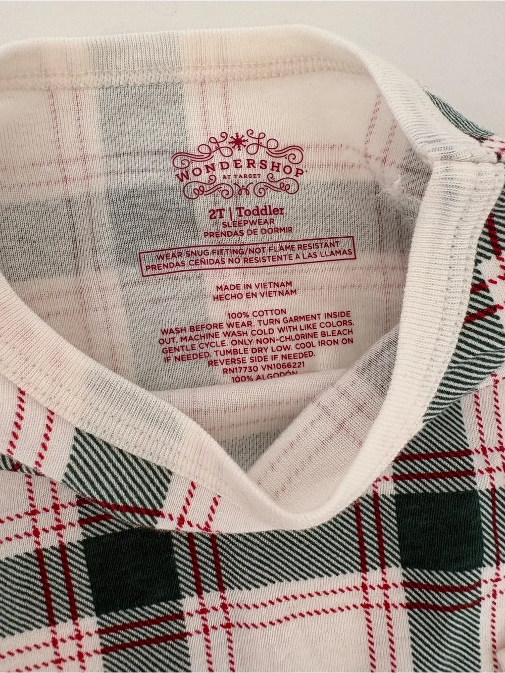 Wondershop White, Green & Red Plaid Kids Pajama Set 2T